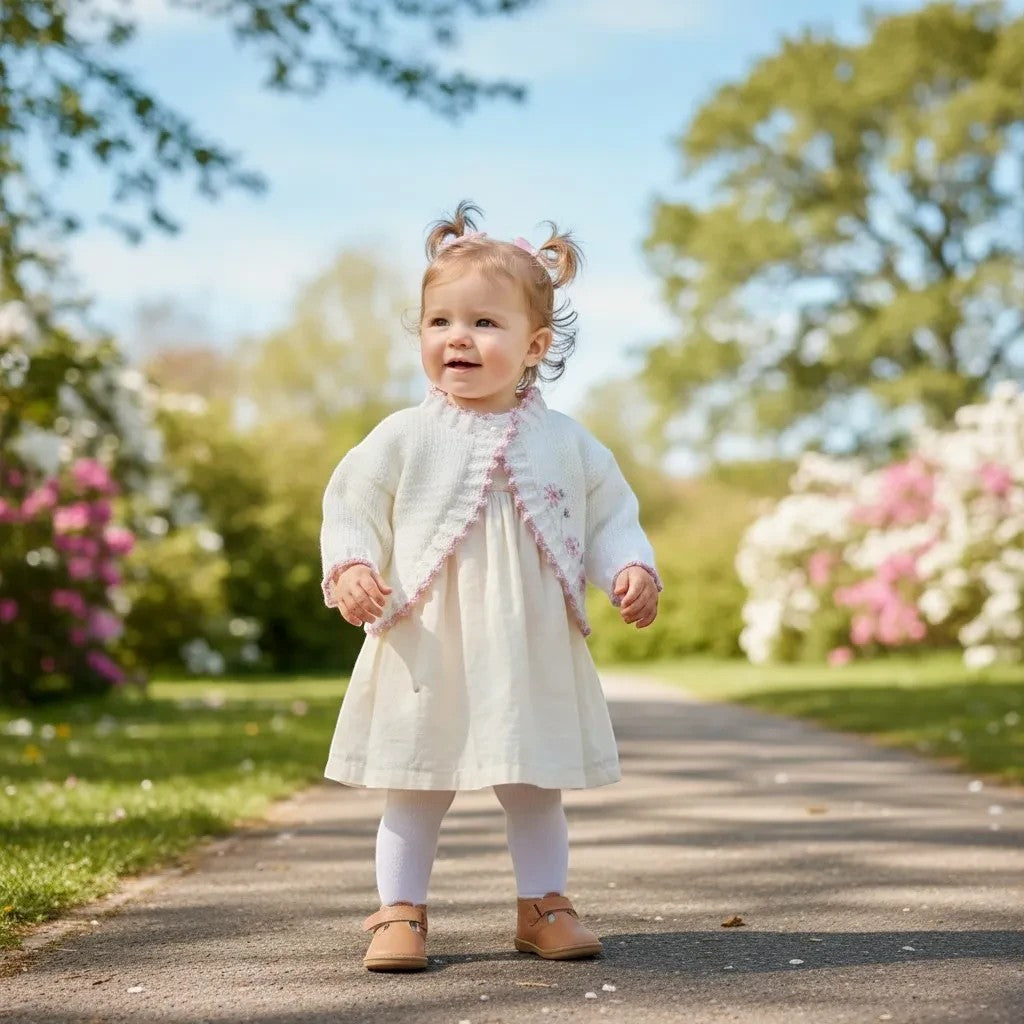 gemknits4kids cream knitted bolero cardigan for girls with delicate pink hand-stitched floral embroidery