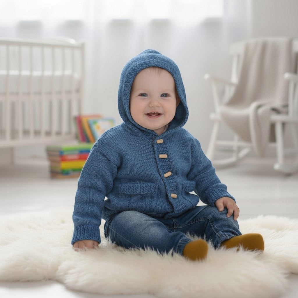 gemknits4kids baby wearing a soft denim blue  knitted hooded jacket with buttons and pockets, sitting on a white rug.