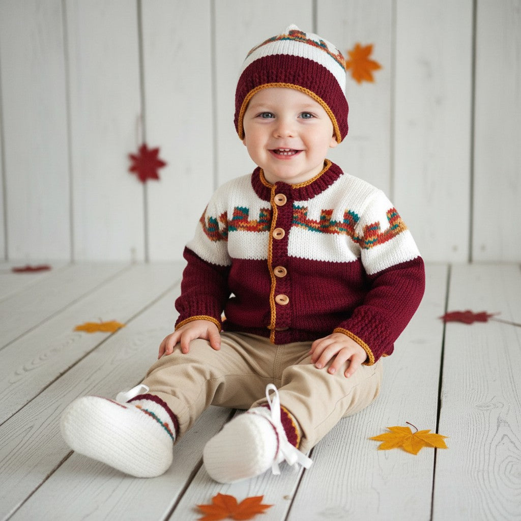 gemknits4kids toddler wearing a hand-knitted Fair Isle cardigan, matching hat, and socks in burgundy and white.