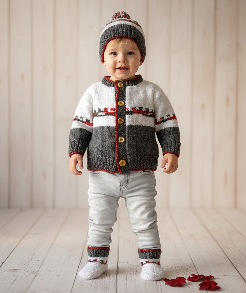 Toddler wearing a gemknits4kids hand-knitted Fair Isle cardigan, matching hat, and socks in white, grey, and red.