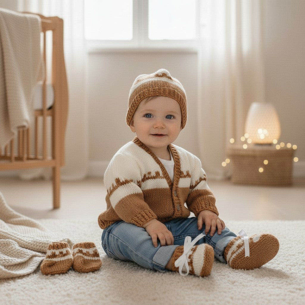 gemknits4kids baby wearing a brown and cream hand-knitted Fair Isle cardigan, matching hat, and booties on a rug.
