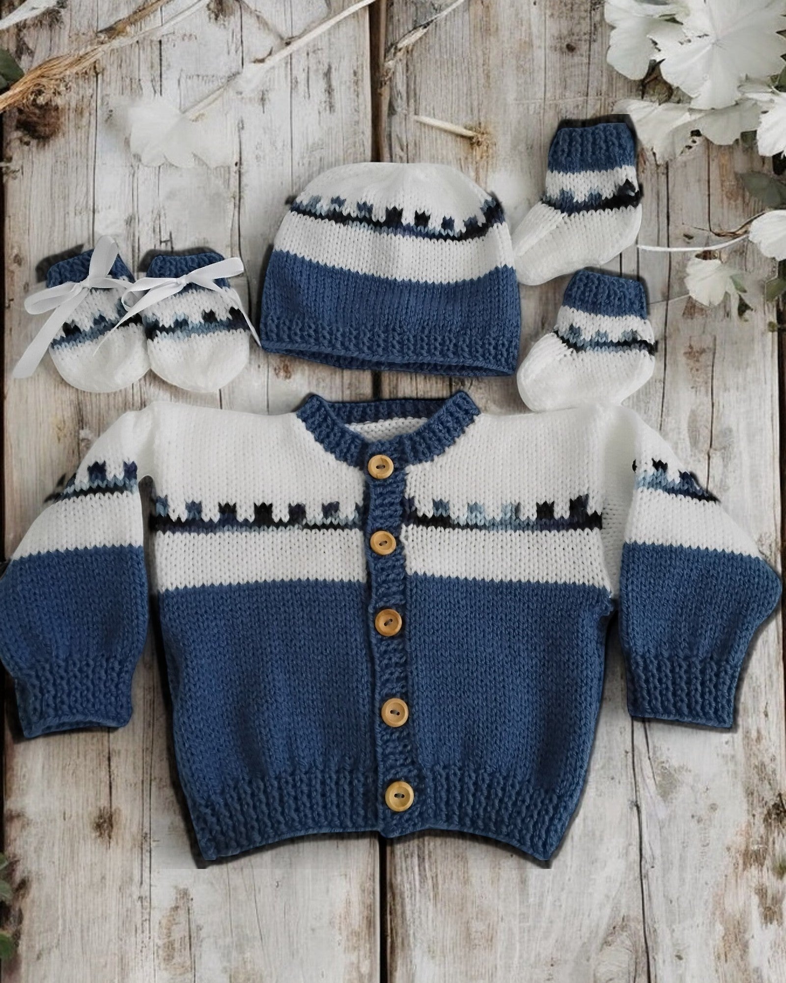 gemknits4kids boys hand-knitted Fair Isle cardigan and hat set in denim and white with autumn leaf decor