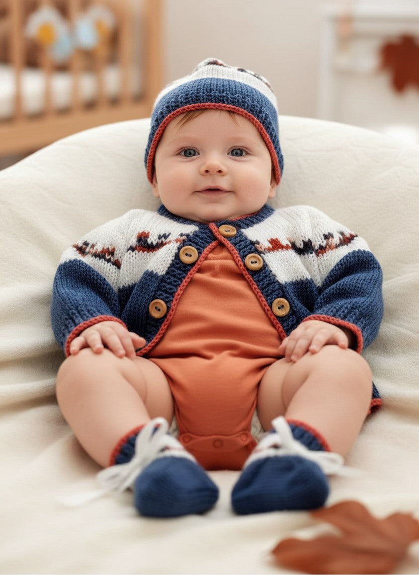 gemknits4kids baby boy wearing a hand-knitted Fair Isle cardigan, matching hat, and booties in blue, white, and rust.