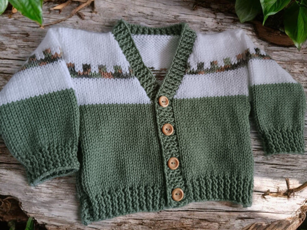 gemknits4kids boys hand-knitted Fair Isle cardigan and hat set in moss & white with autumn leaf decor