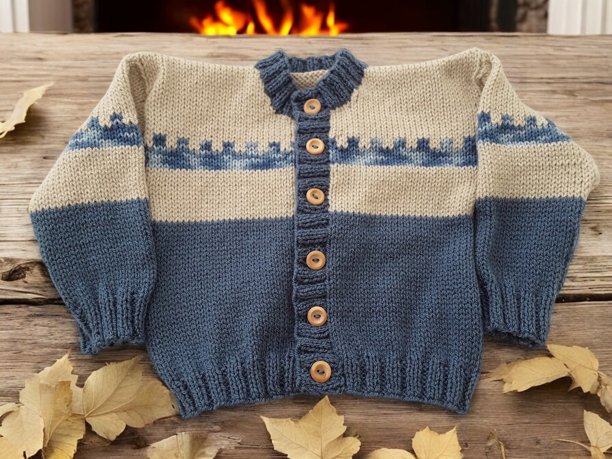 gemknits4kids boys hand-knitted Fair Isle cardigan and hat set in Denim & beige  with autumn leaf decor