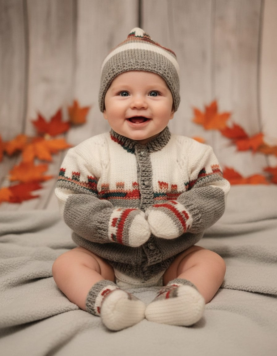 gemknits4kids baby boy wearing a hand-knitted cream and grey Fair Isle cardigan set with matching hat, mitts, and socks