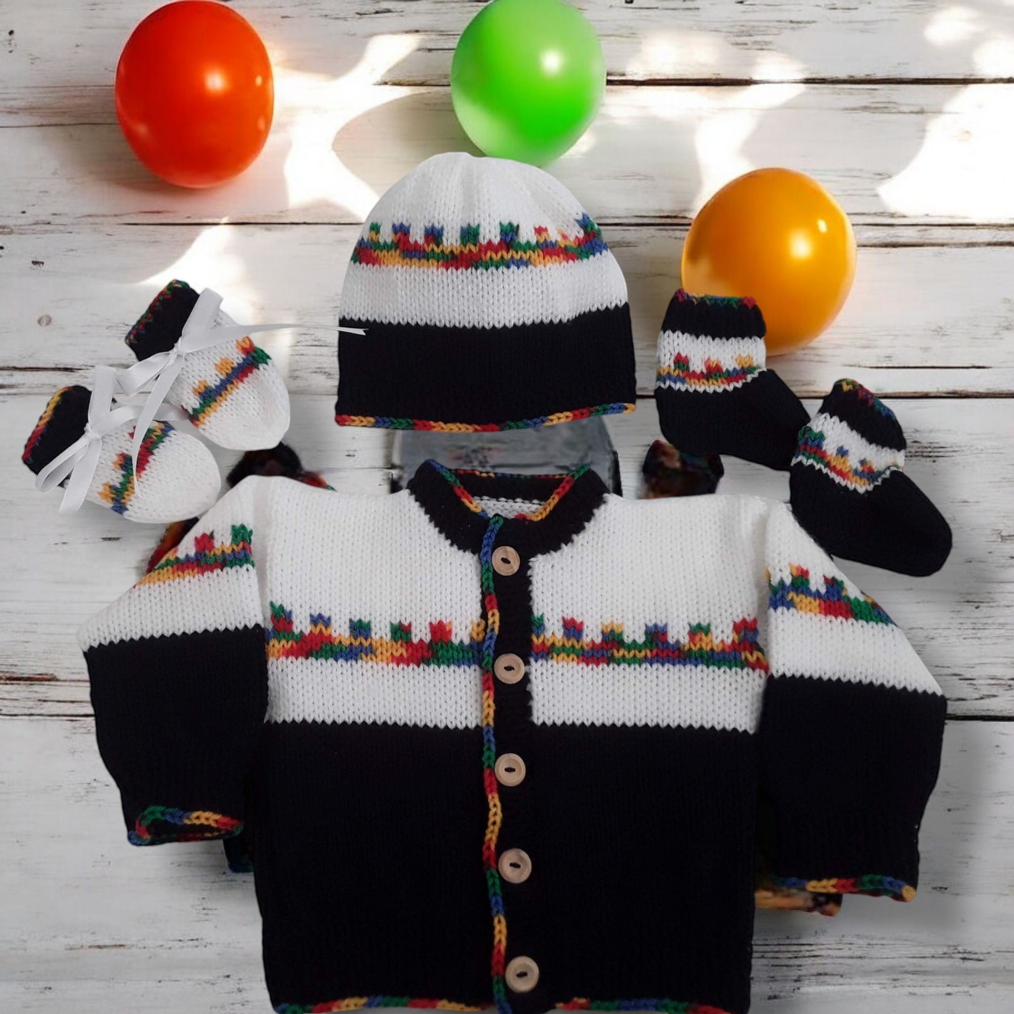 gemknits4kids boys hand-knitted Fair Isle cardigan and hat set in Navy and white with autumn leaf decor