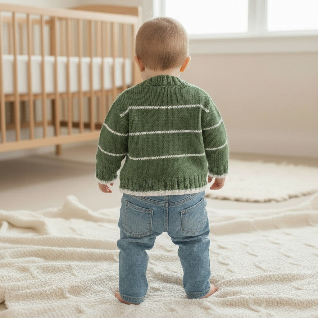 gemknits4kids baby boy wearing a green and white striped hand-knitted wool-blend cardigan with a V-neck, back view.