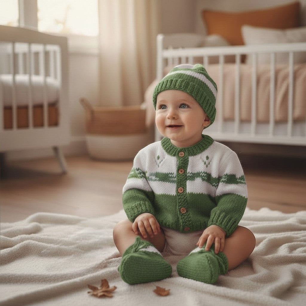 gemknits4kids baby boy wearing a hand-knitted green and white striped cardigan, matching beanie hat, and booties.