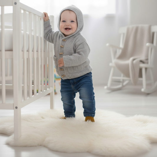 gemknits4kids baby wearing a grey knitted hooded jacket with wooden buttons standing by a white crib