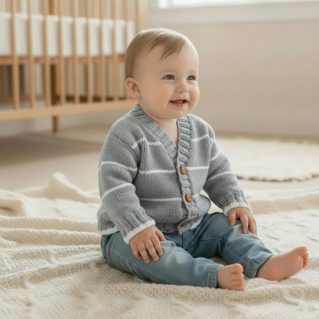 gemknits4kids baby boy wearing a grey V-neck knitted cardigan with white stripes and wooden buttons over blue jeans