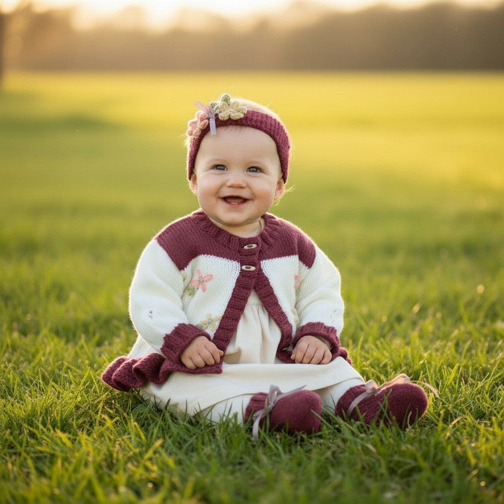 gemknits4kids baby girl wearing a cozy cream and burgundy hand-knitted cardigan with floral details in a sunny field