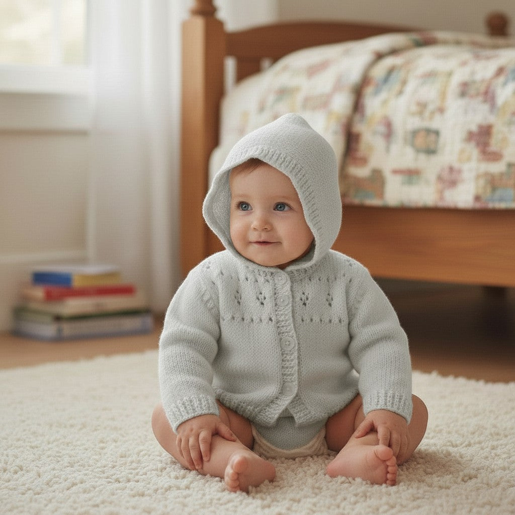 Baby wearing a light blue hand-knitted GemKnits4Kids hoodie with eyelet details and buttons, sitting on a rug.