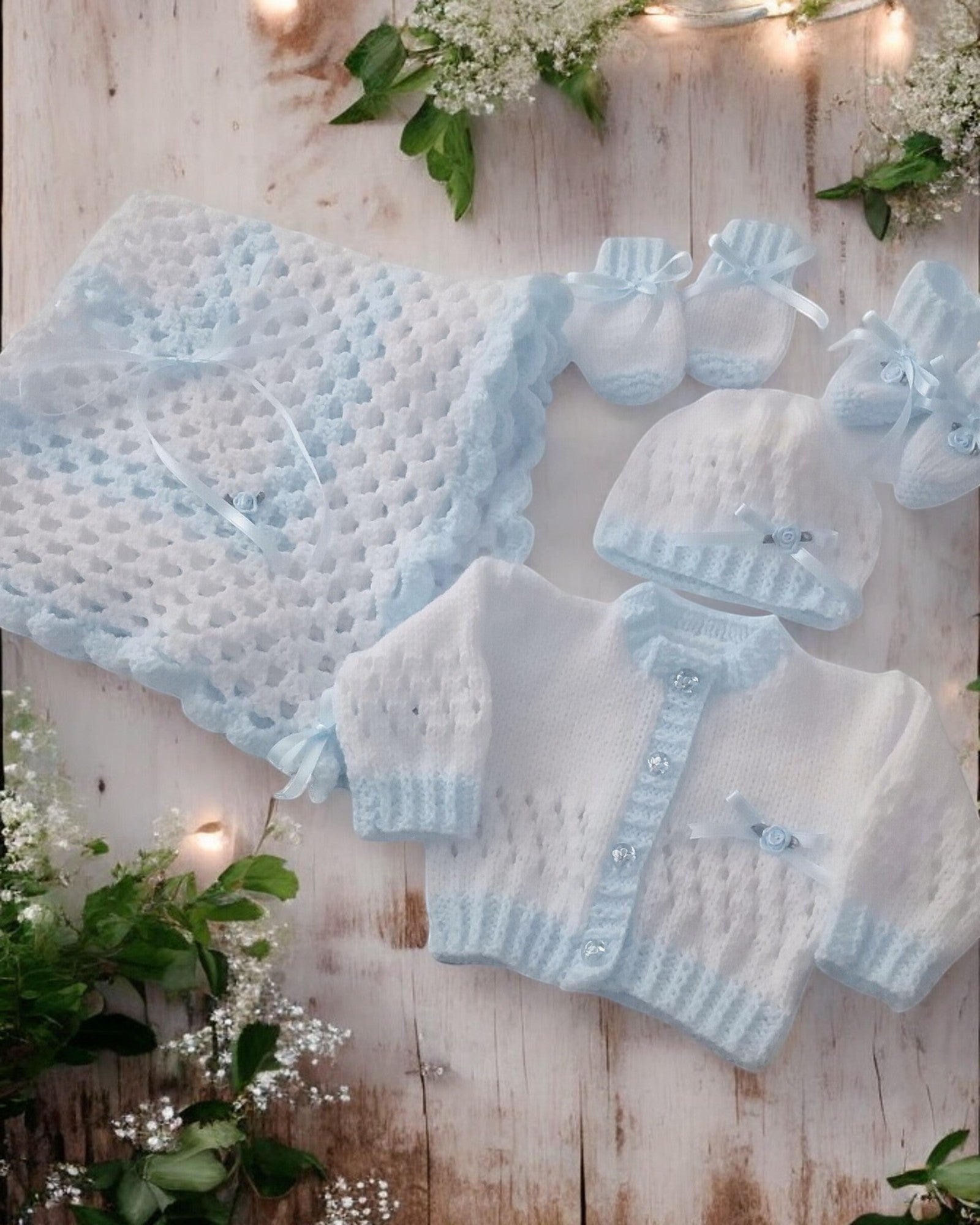 gemknits4kids hand-knitted white and pale blue baby girl 5-piece set with cardigan, hat, booties, mittens, and blanket.
