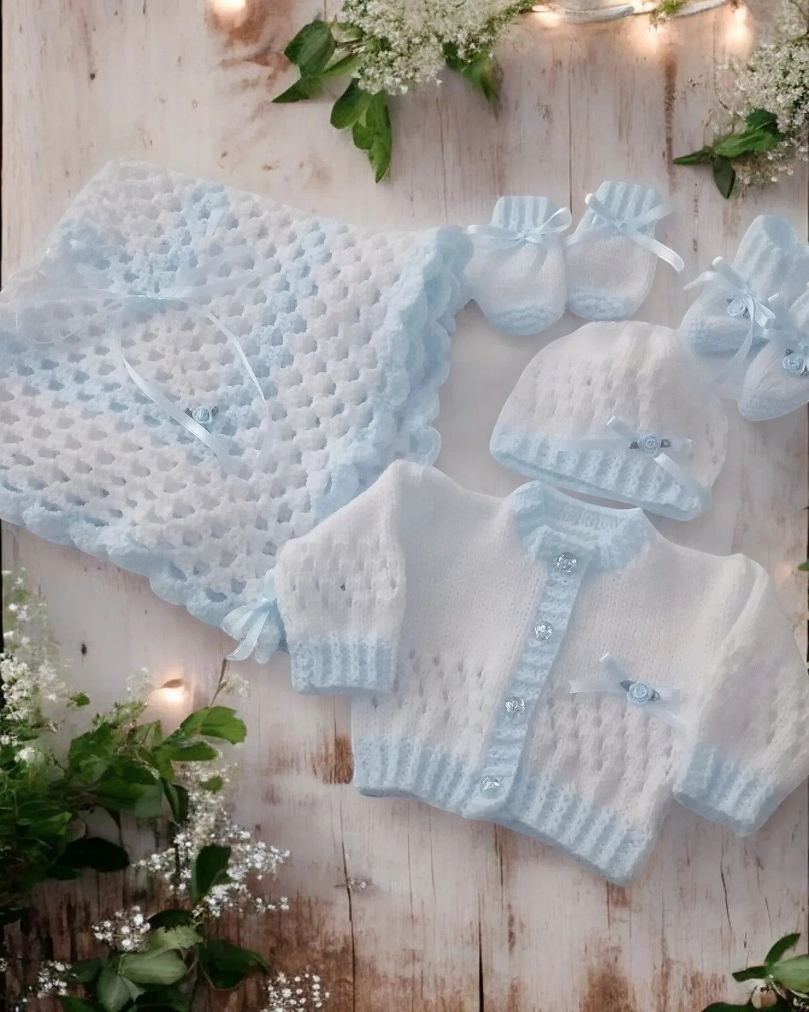 gemknits4kids hand-knitted 5-piece baby set in white and blue with cardigan, hat, booties, mittens, and pram blanket.