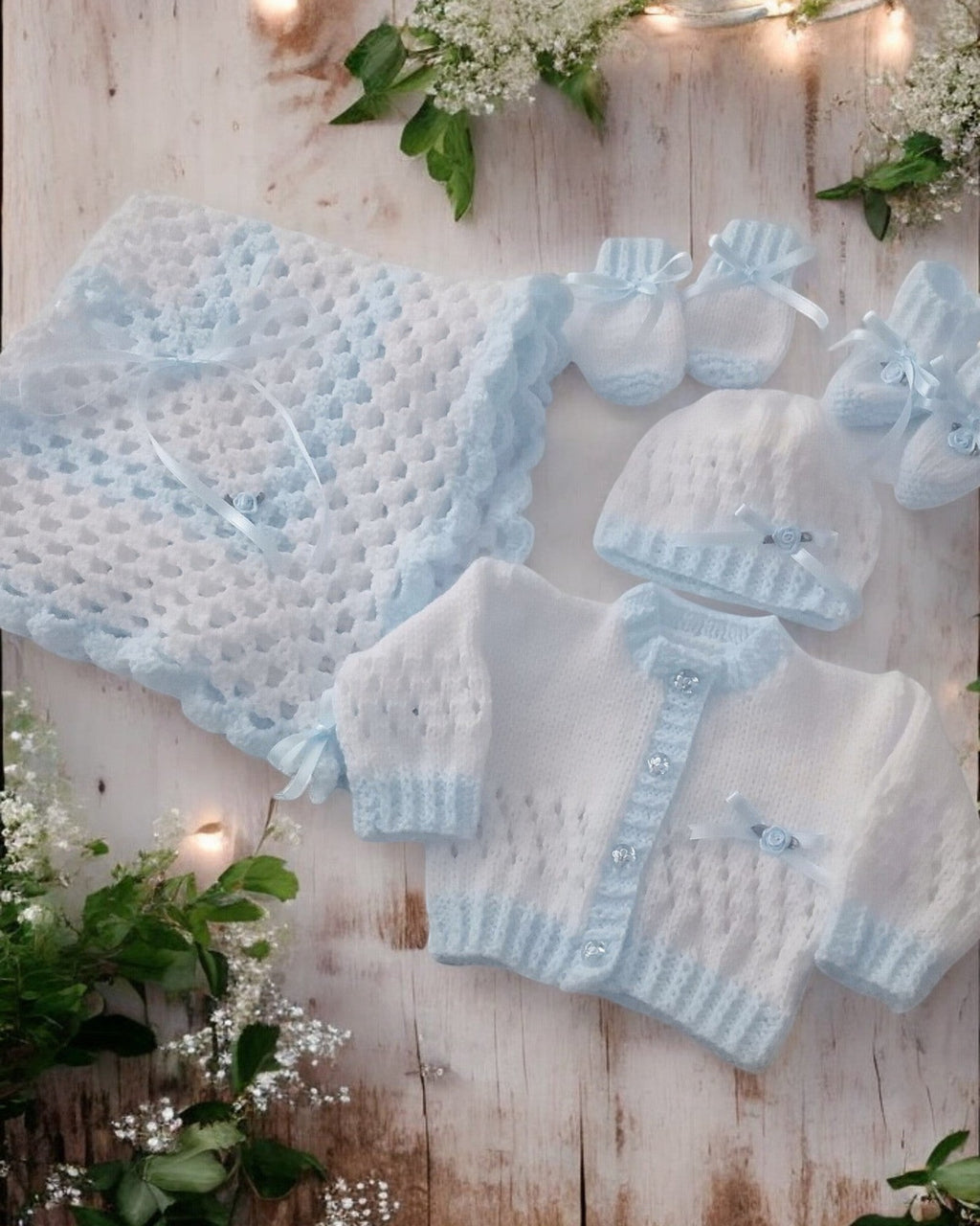 gemknits4kids hand-knitted white and blue baby girl outfit set with cardigan, hat, booties, mittens, and pram cover