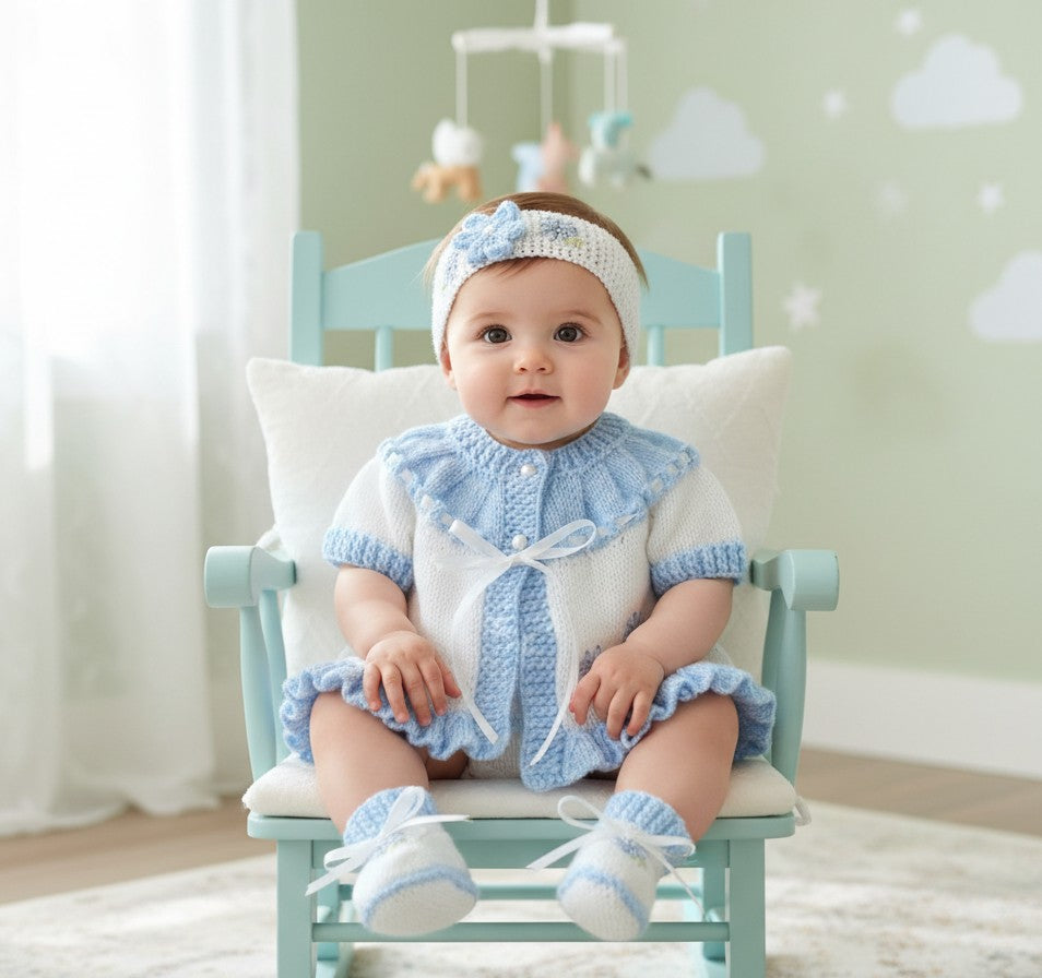 Baby girl wearing a gemknits4kids hand knitted white and blue cardigan, matching headband, and booties in a chair