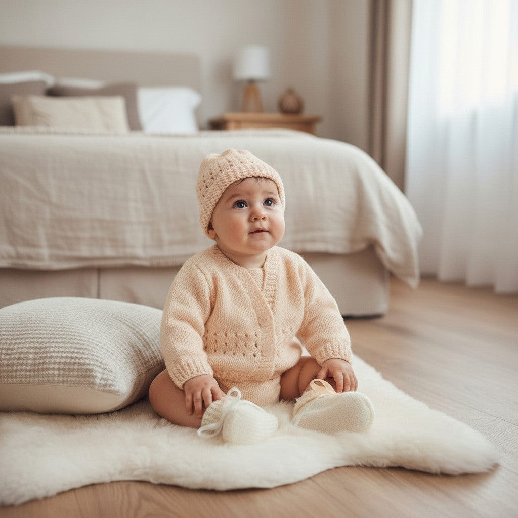 gemknits4kids baby wearing a soft peach hand-knitted cardigan, matching hat, and booties on a white rug in a bedroom