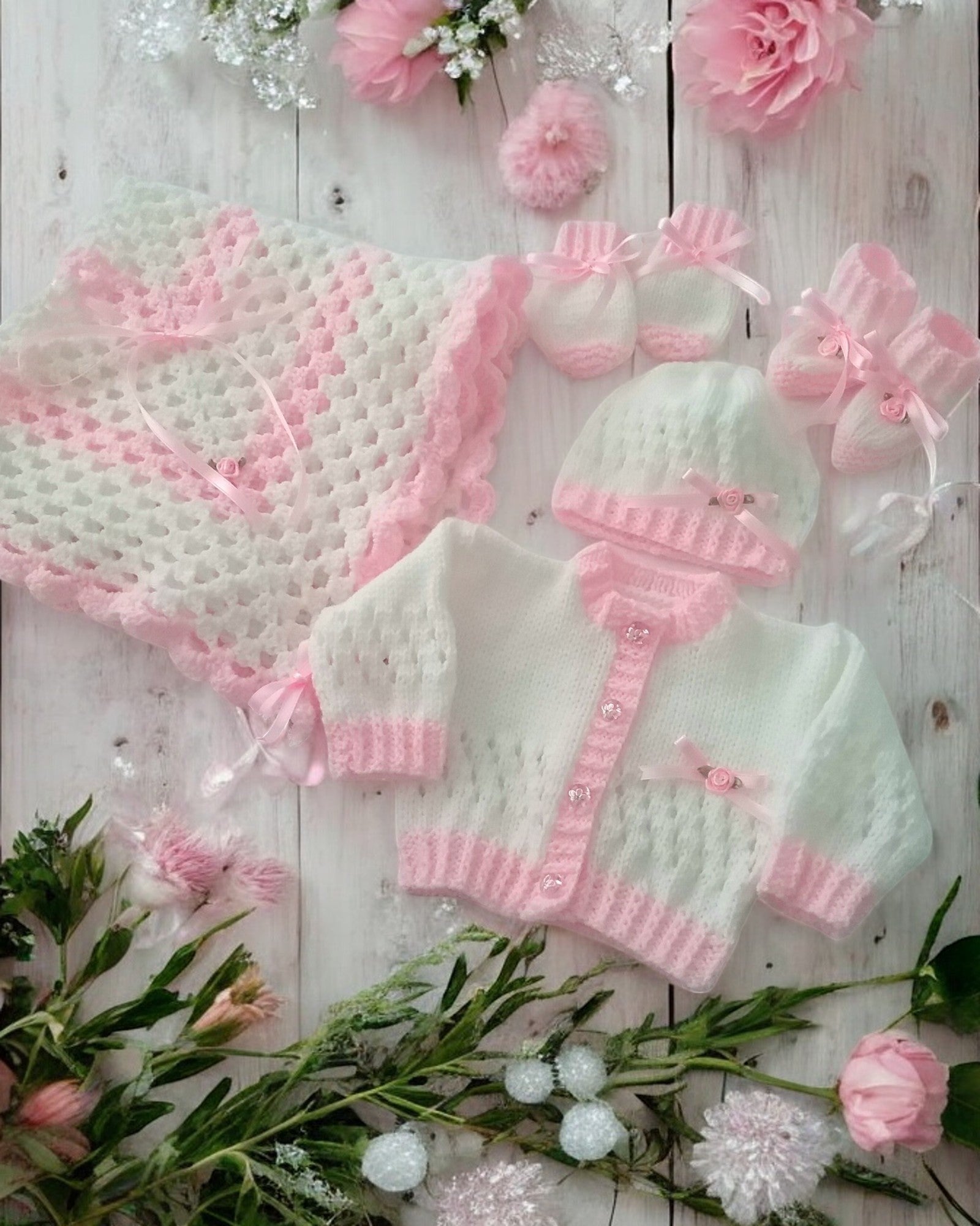 gemknits4kids hand-knitted white and pink baby girl outfit set with cardigan, hat, booties, mittens, and pram cover