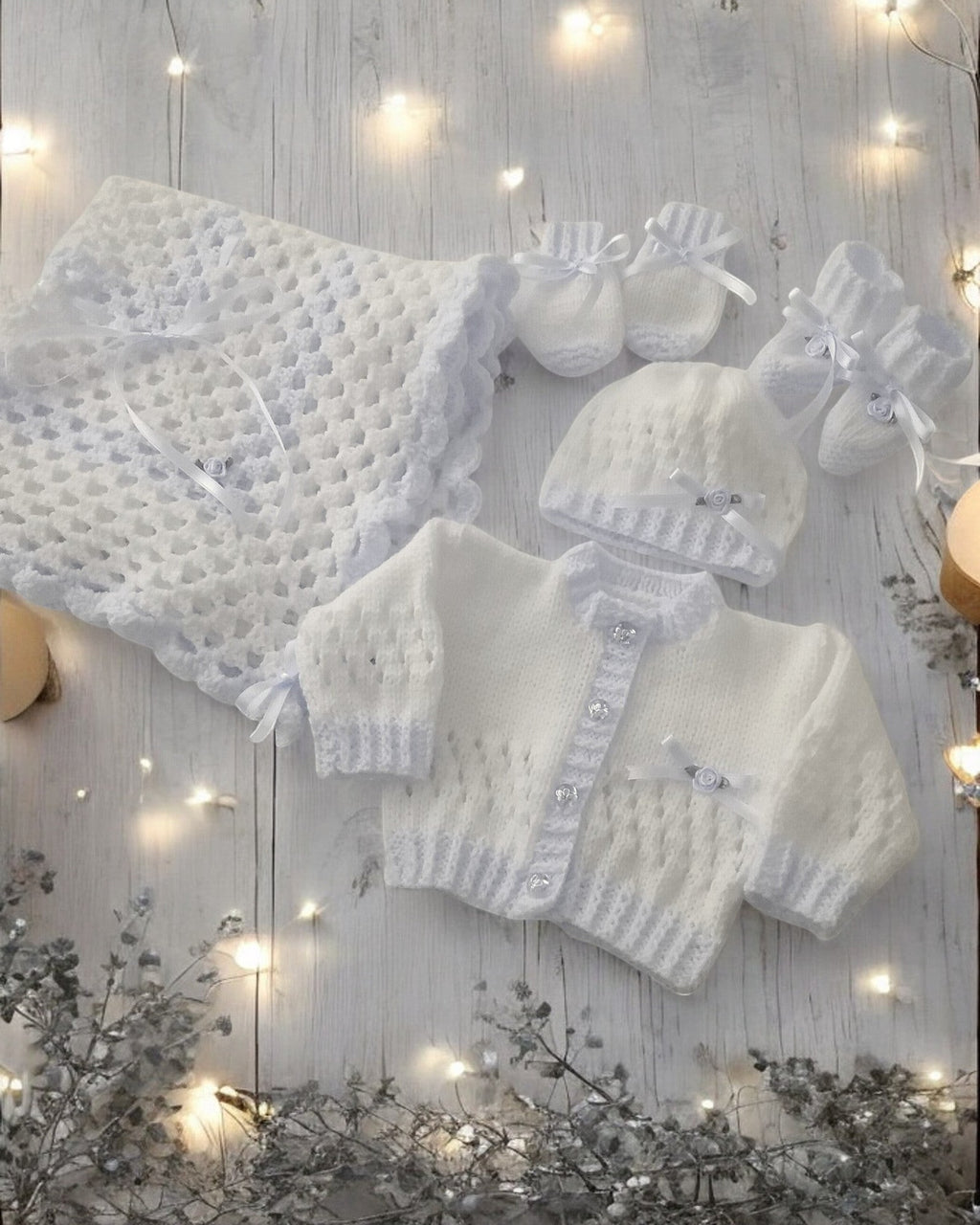 gemknits4kids hand-knitted white and silver baby girl outfit set with cardigan, hat, booties, mittens, and pram cover