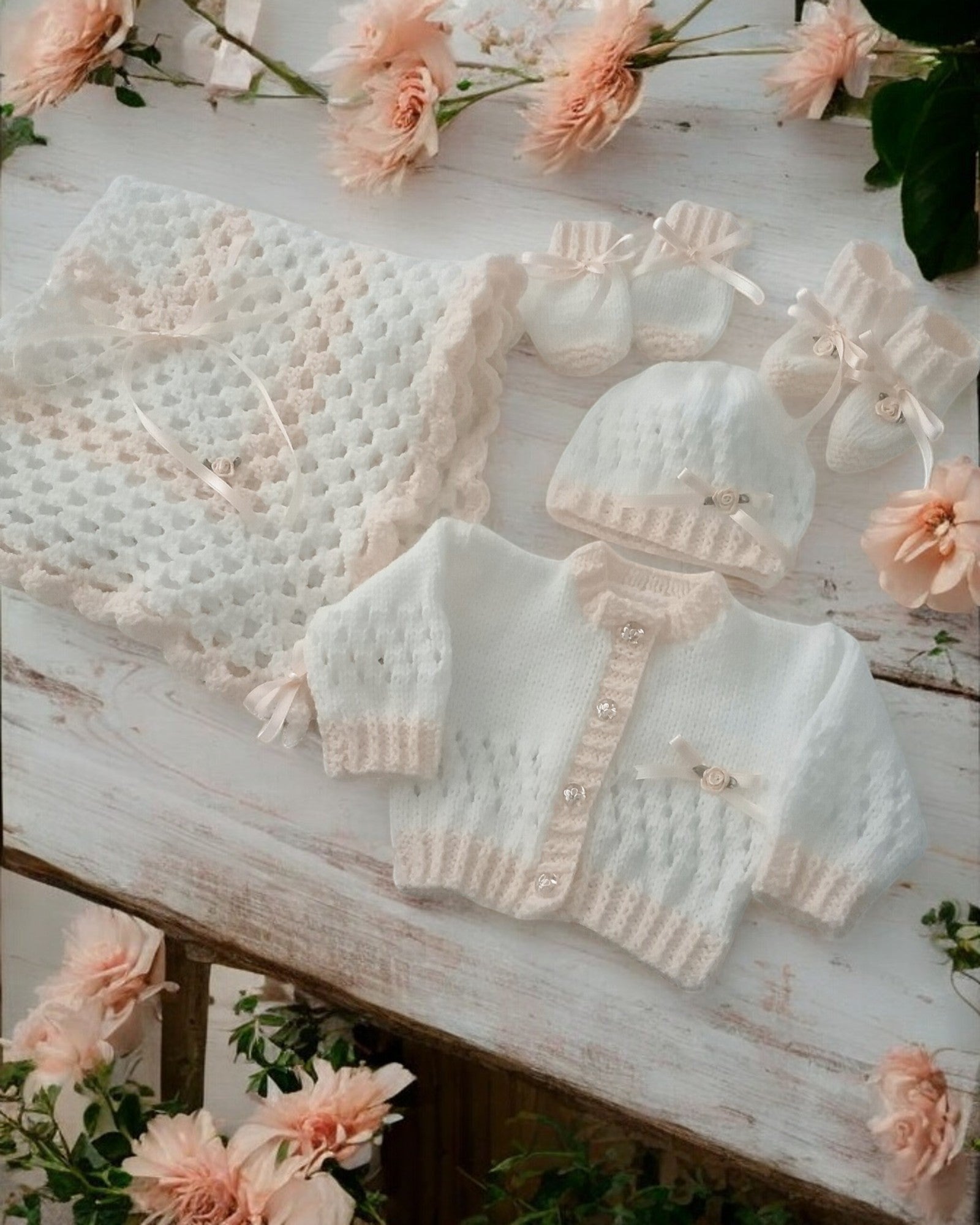 gemknits4kids hand-knitted white and peach baby girl outfit set with cardigan, hat, booties, mittens, and pram cover