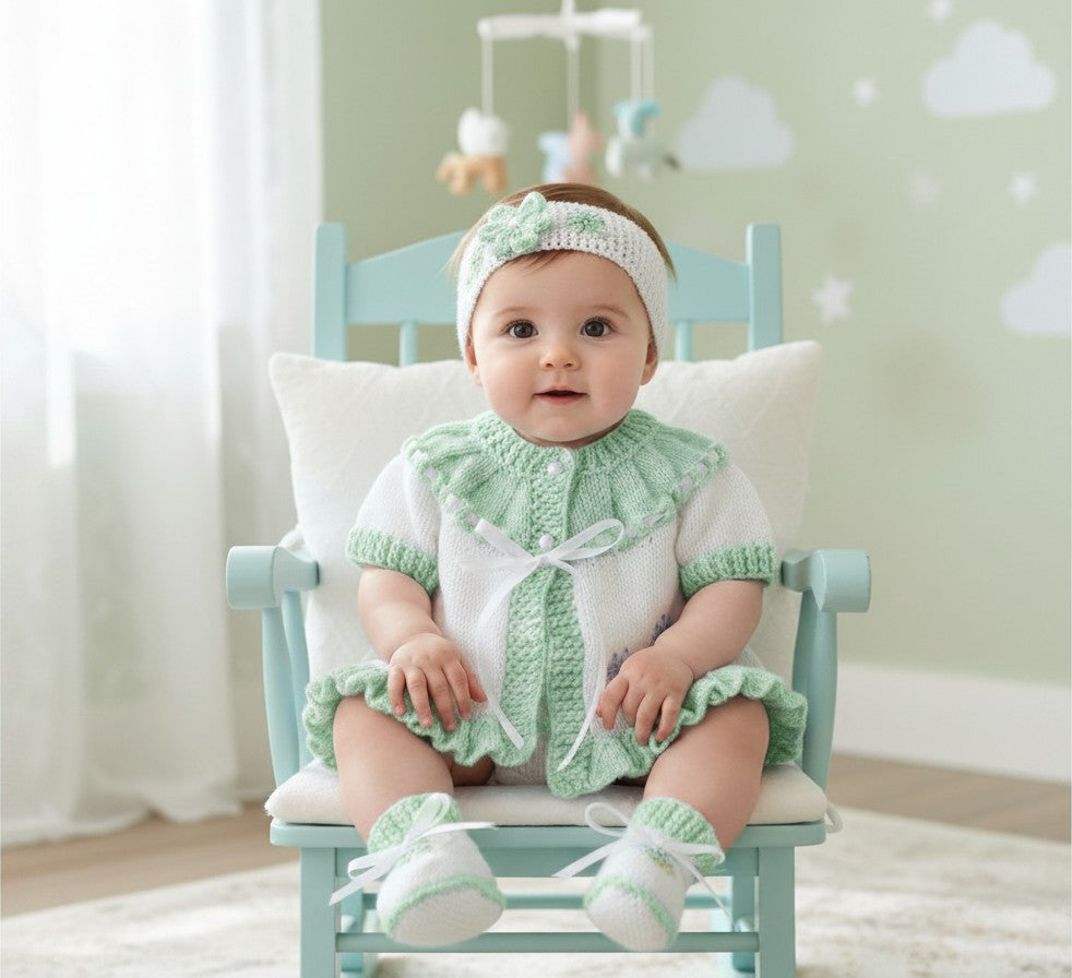 Baby girl wearing a gemknits4kids hand knitted white and sage green cardigan, matching headband, and baby booties.