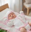 gemknits4kids hand-knitted white and pink baby girl outfit set with cardigan, hat, booties, mittens, and pram cover