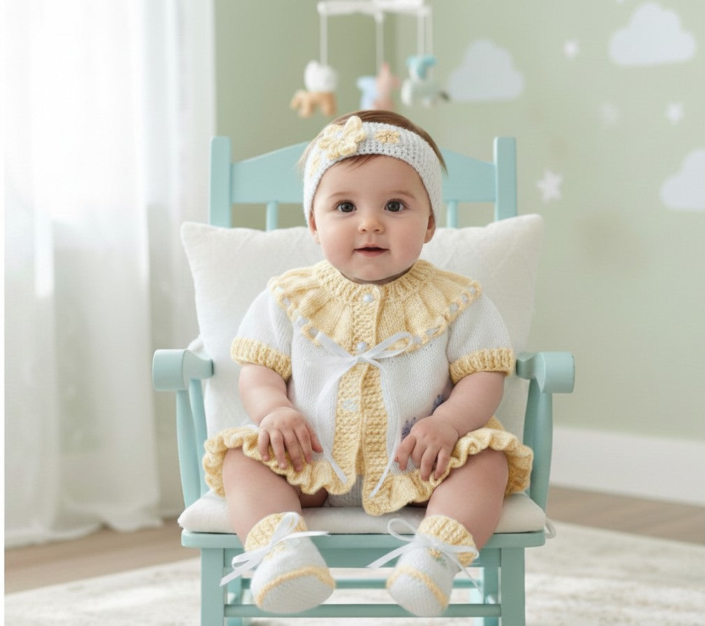 Baby girl wearing a gemknits4kids hand knitted white and yellow cardigan, matching headband, and booties in a chair