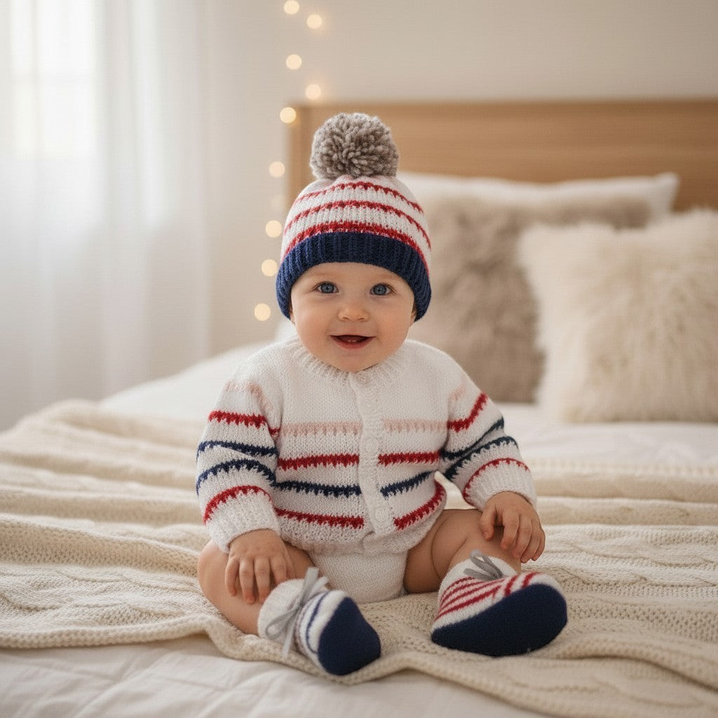 gemknits4kids hand knitted baby cardigan set with striped hat, booties, and mittens in white, red, and navy blue