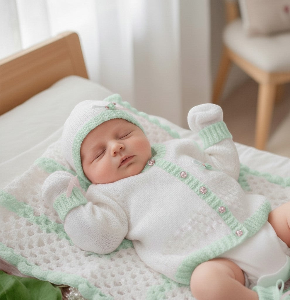 gemknits4kids newborn baby girl wearing a white and mint green hand-knitted cardigan, hat, and mittens on a blanket.
