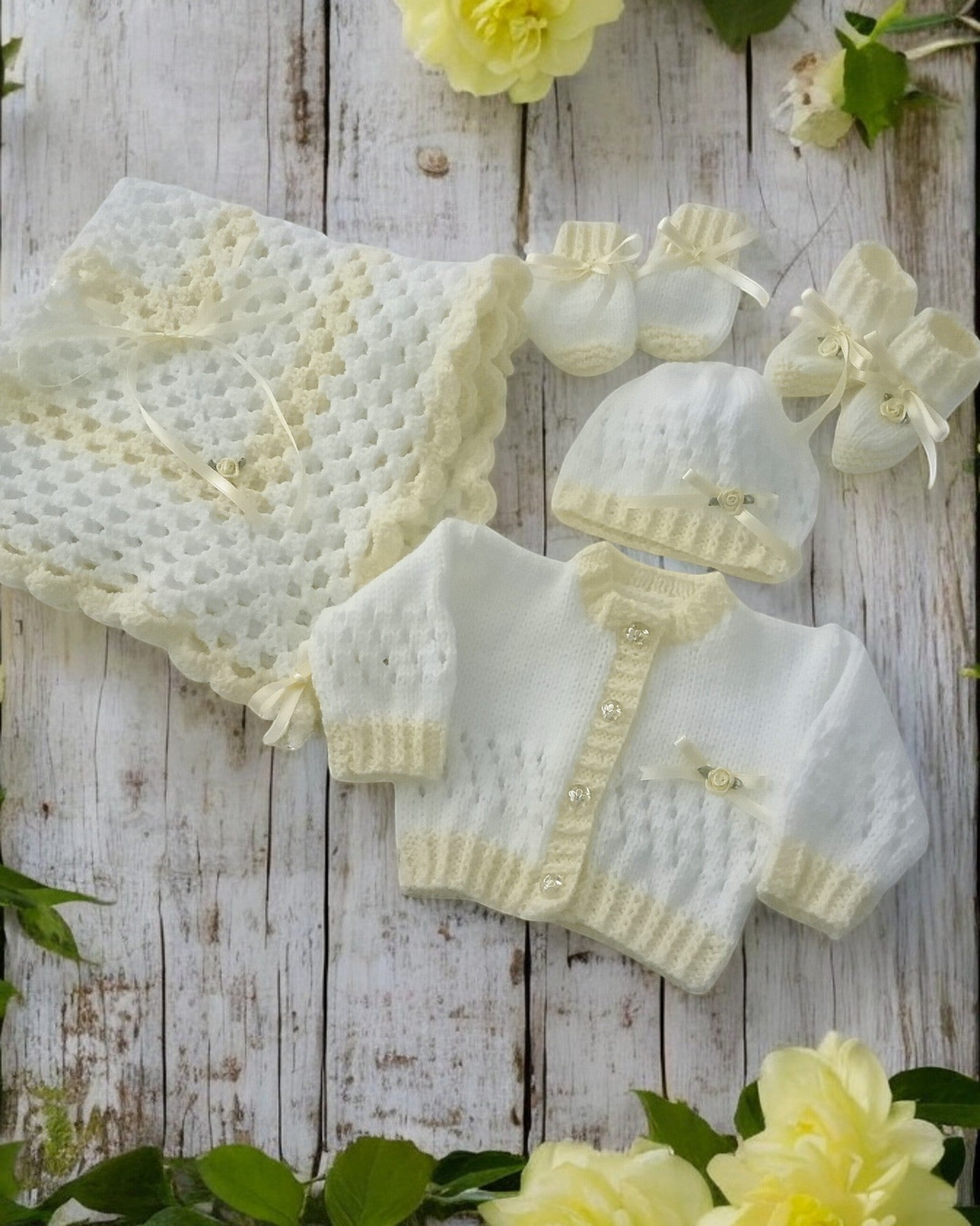 gemknits4kids hand-knitted white and lemon baby girl outfit set with cardigan, hat, booties, mittens, and pram cover