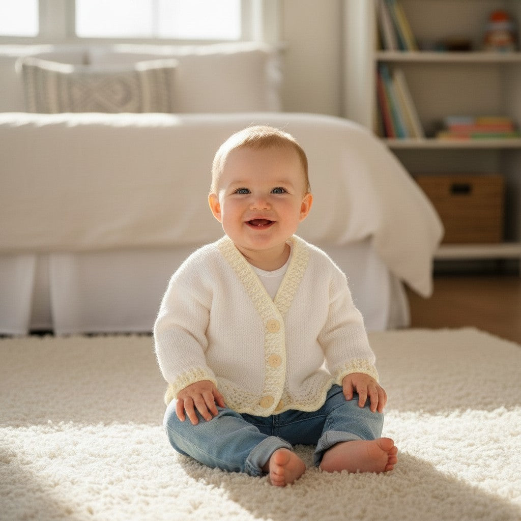 gemknits4kids hand knitted cream baby cardigan with scalloped hem worn by a smiling baby sitting on a rug