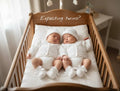 gemknits4kids hand-knitted white 4-piece baby coming home outfits on newborn twins in a wooden crib
