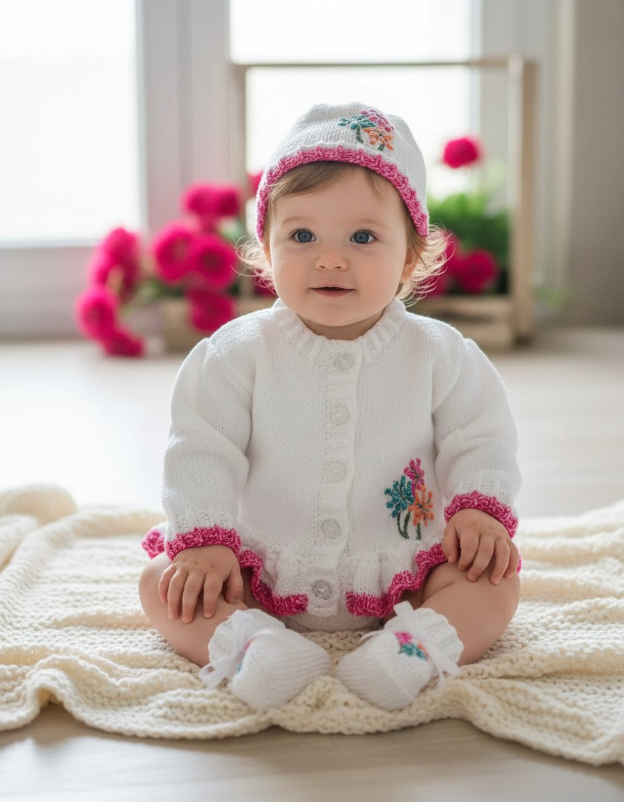 gemknits4kids baby girl wearing a white hand-knitted cardigan, matching hat, and booties with vibrant floral embroidery.