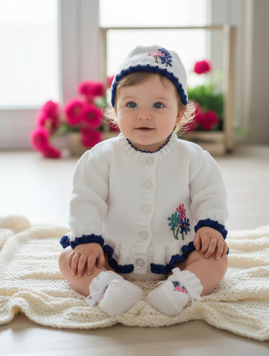 Baby girl wearing a white hand-knitted gemknits4kids cardigan, hat, and booties with vibrant floral embroidery.