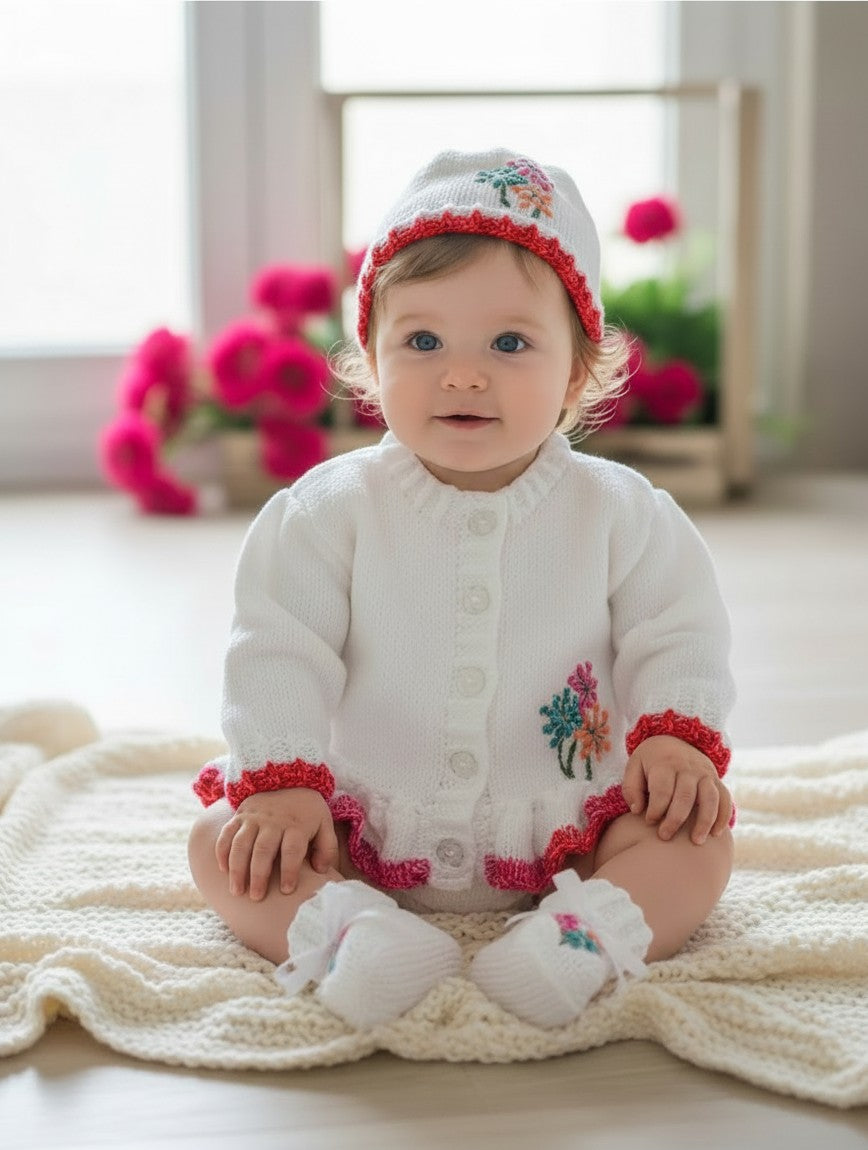 gemknits4kids baby girl wearing a white hand-knitted cardigan with red trim, matching hat, and embroidered details.