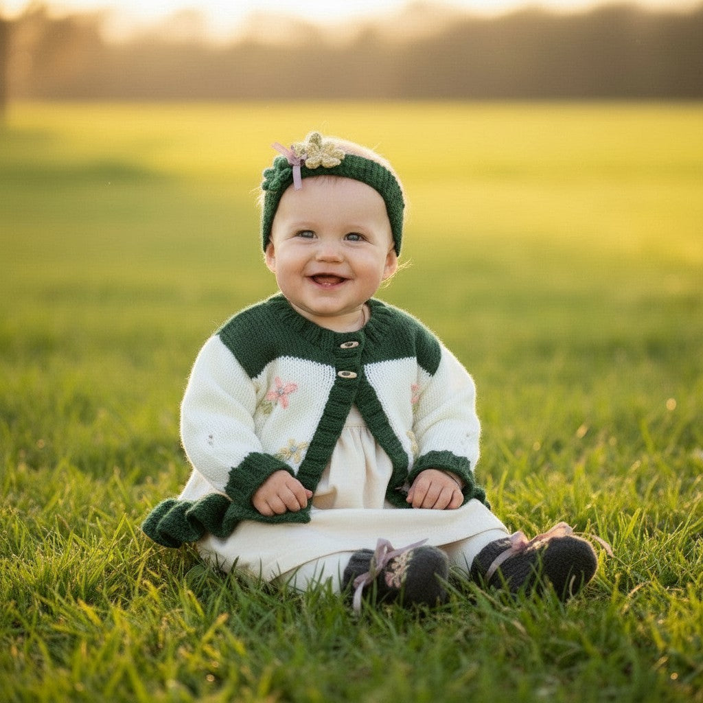 gemknits4kids baby girl wearing a hand-knitted green and cream cardigan with floral embroidery in a sunny field