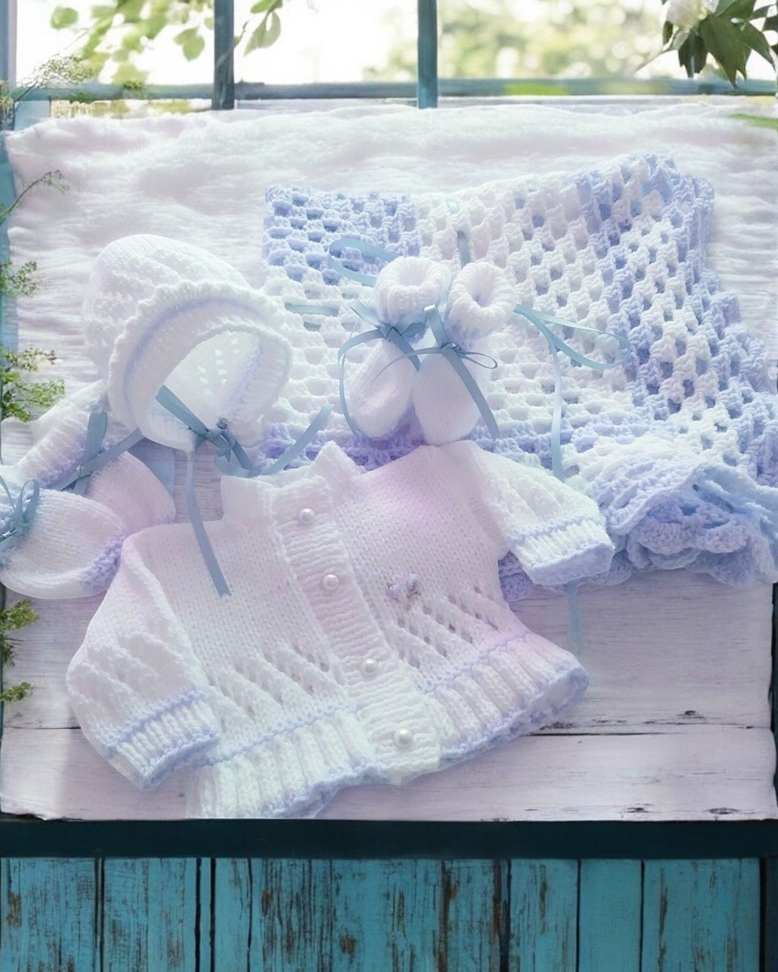 Luxury handmade baby gift set including cardigan, hat, boots and mittens. A unique baby shower gift knitted to order.