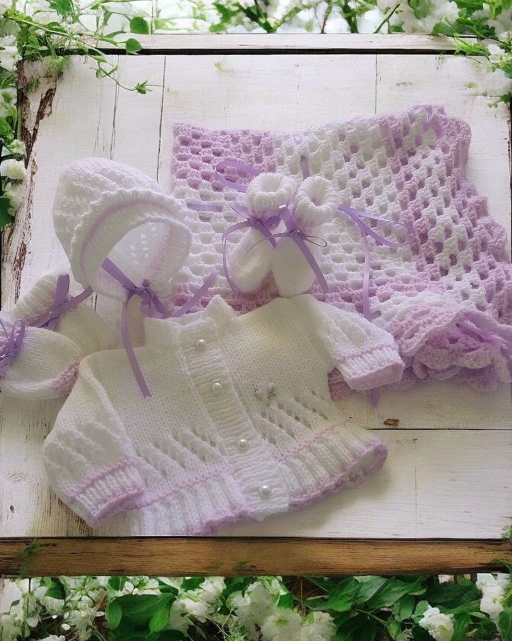Luxury handmade baby gift set including cardigan, hat, boots and mittens. A unique baby shower gift knitted to order.