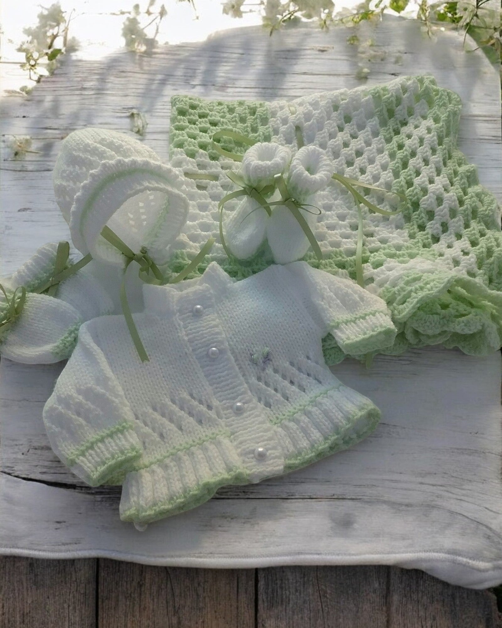 Luxury handmade baby gift set including cardigan, hat, boots and mittens. A unique baby shower gift knitted to order.