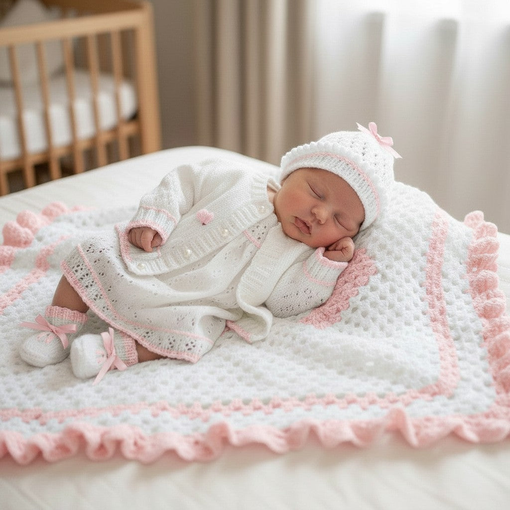 gemknits4kids baby girl white and pink hand-knitted outfit with matching pram cover, bonnet, and booties on a bed.