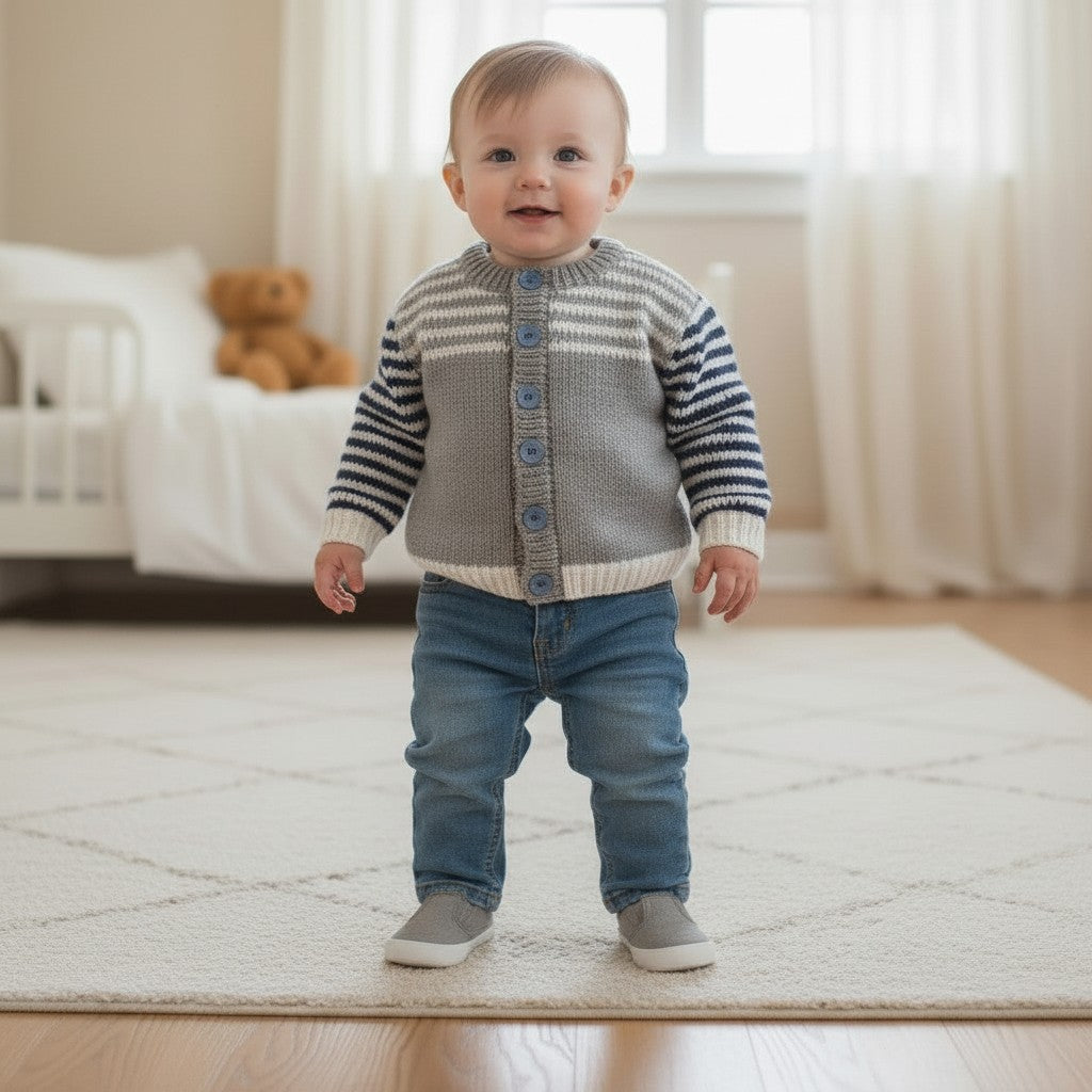 gemknits4kids hand-knitted boys crew neck cardigan in grey and white stripes with blue buttons worn by a toddler