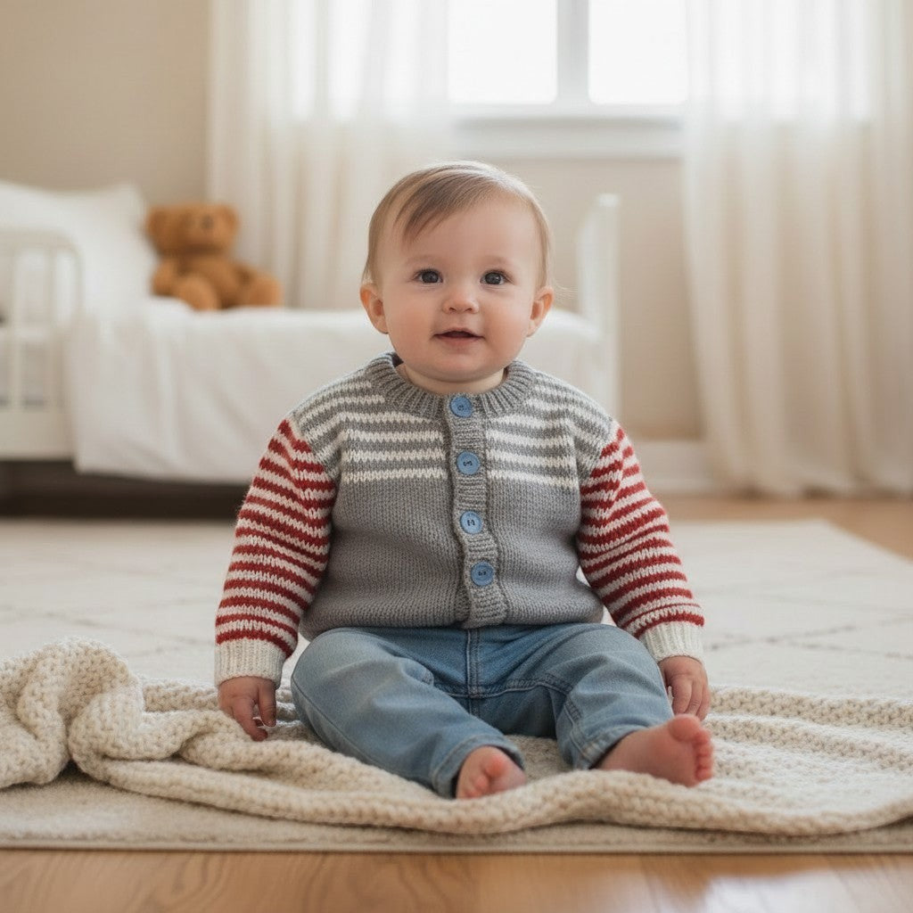 gemknits4kids hand-knitted boys crew neck cardigan in Grey and Red stripes with matching buttons worn by a toddler