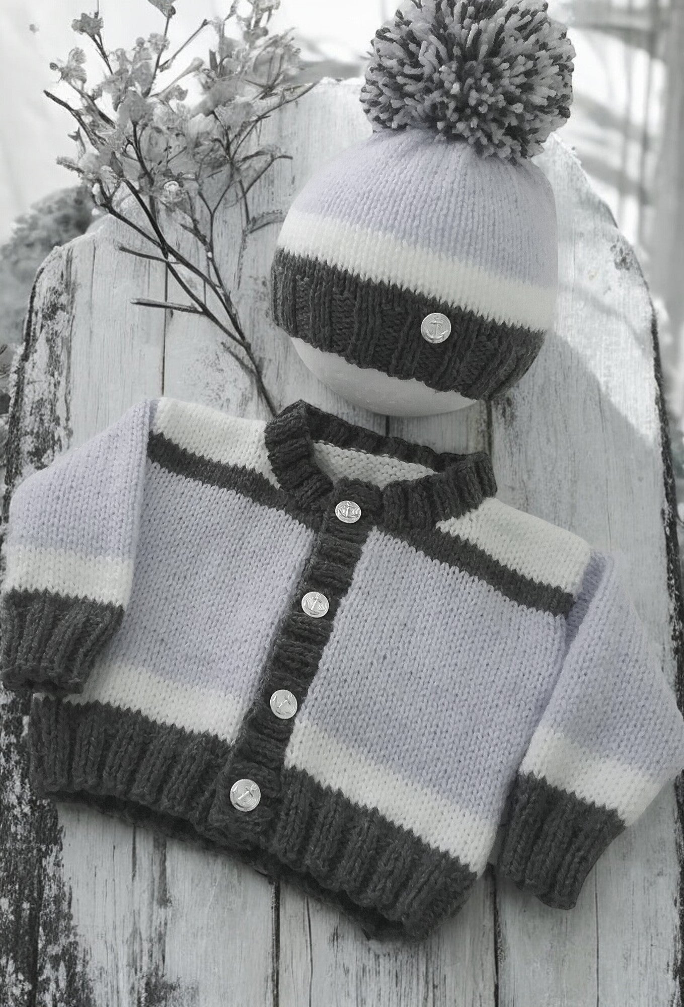 gemknits4kids hand-knitted boys' block design cardigan and matching pom pom hat in soft acrylic yarn
