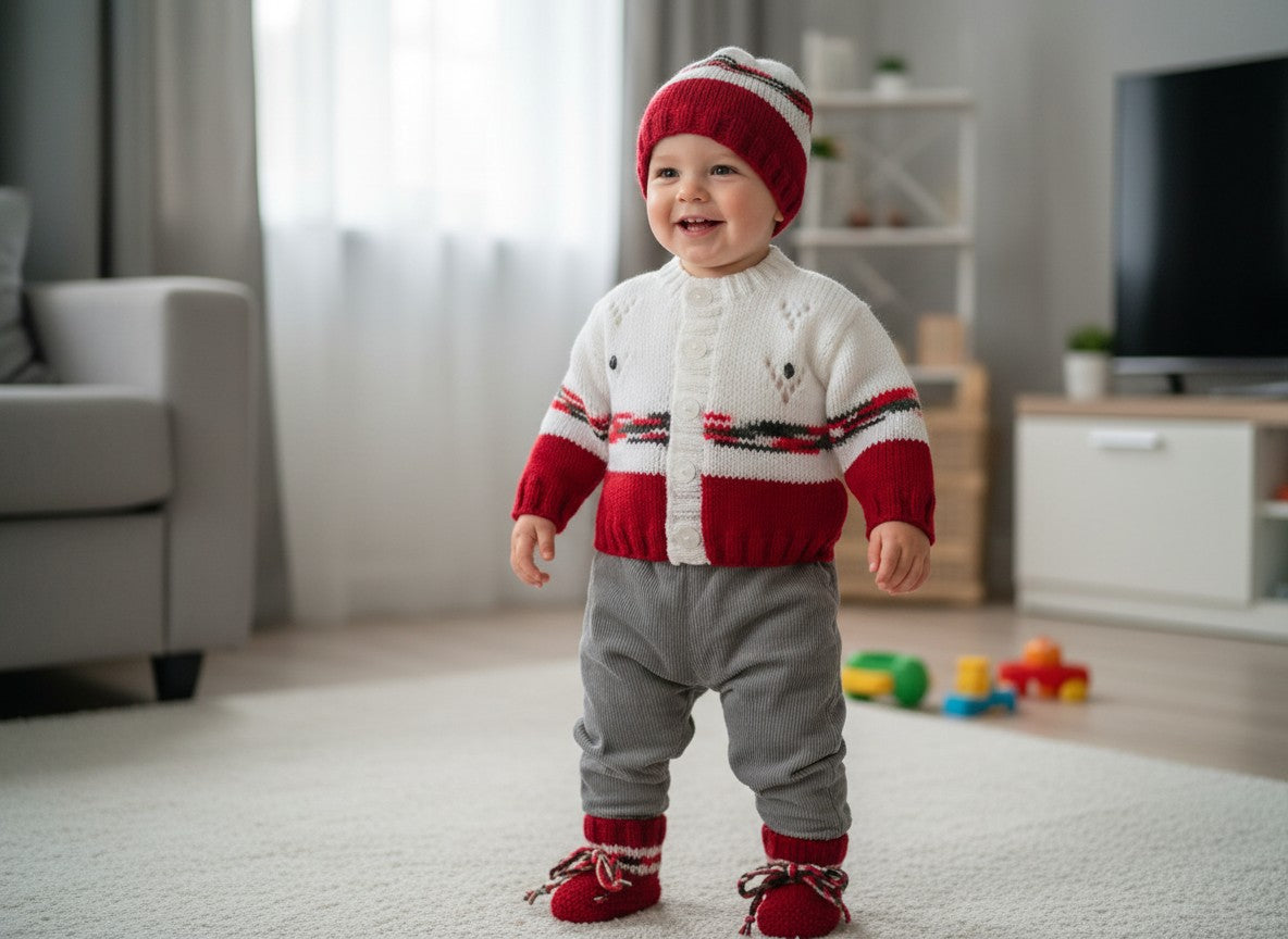 gemknits4kids baby boy wearing a hand-knitted white and red star and stripe cardigan with matching hat and boots