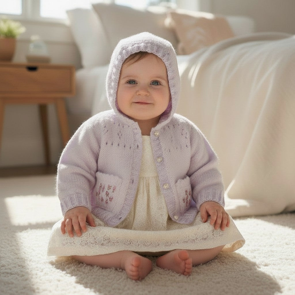 gemknits4kids baby girl wearing a soft lavender knit hoodie with embroidered pockets over a cream lace dress