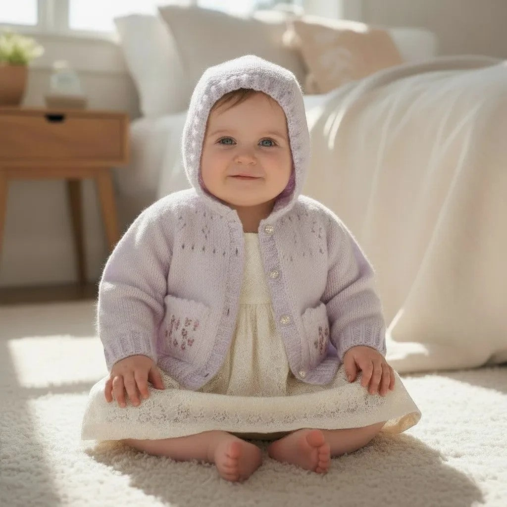 gemknits4kids baby girl wearing a soft lavender knit hoodie with floral embroidered pockets and button front