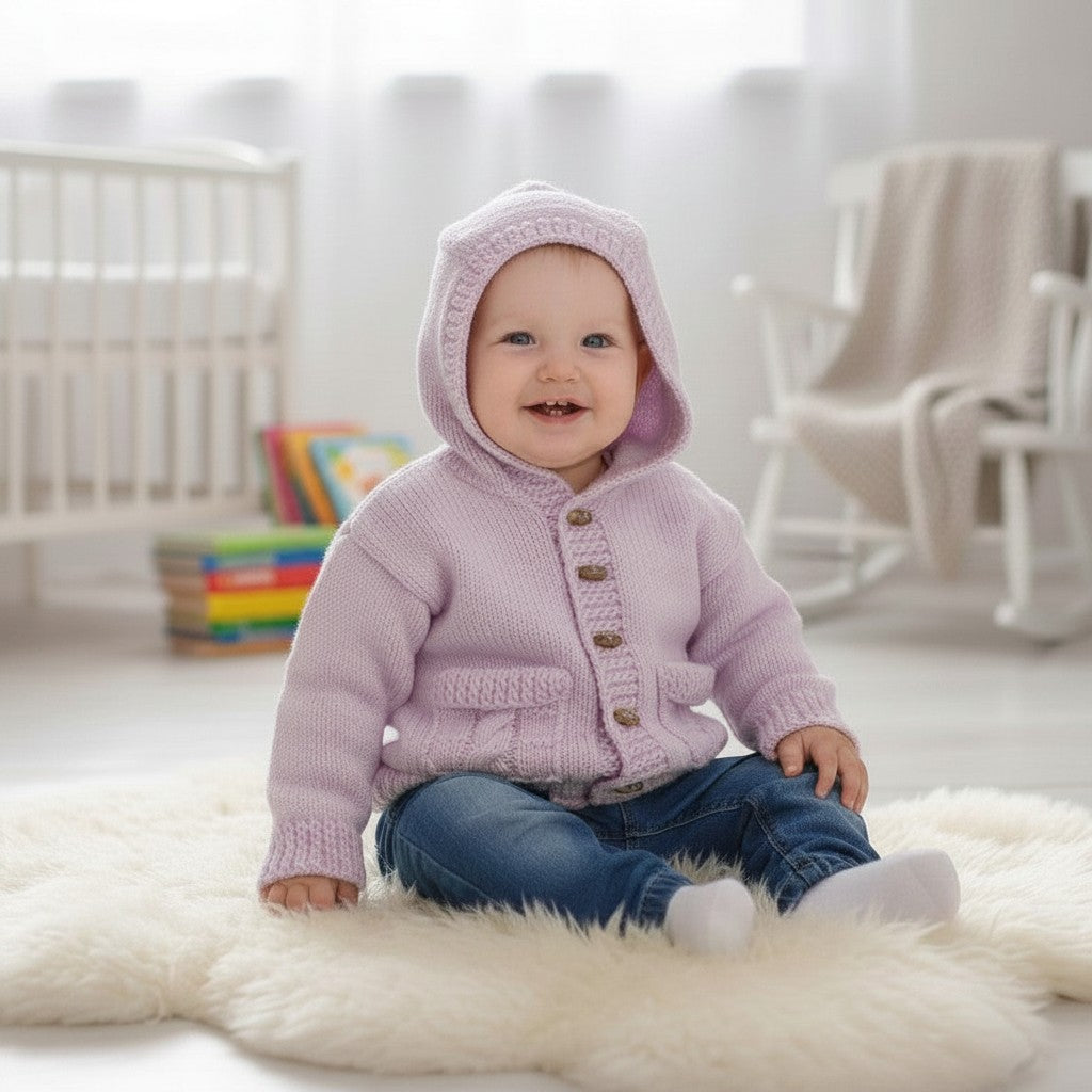 gemknits4kids baby wearing a soft lavender knitted hooded jacket with wooden buttons and pockets in a bright nursery