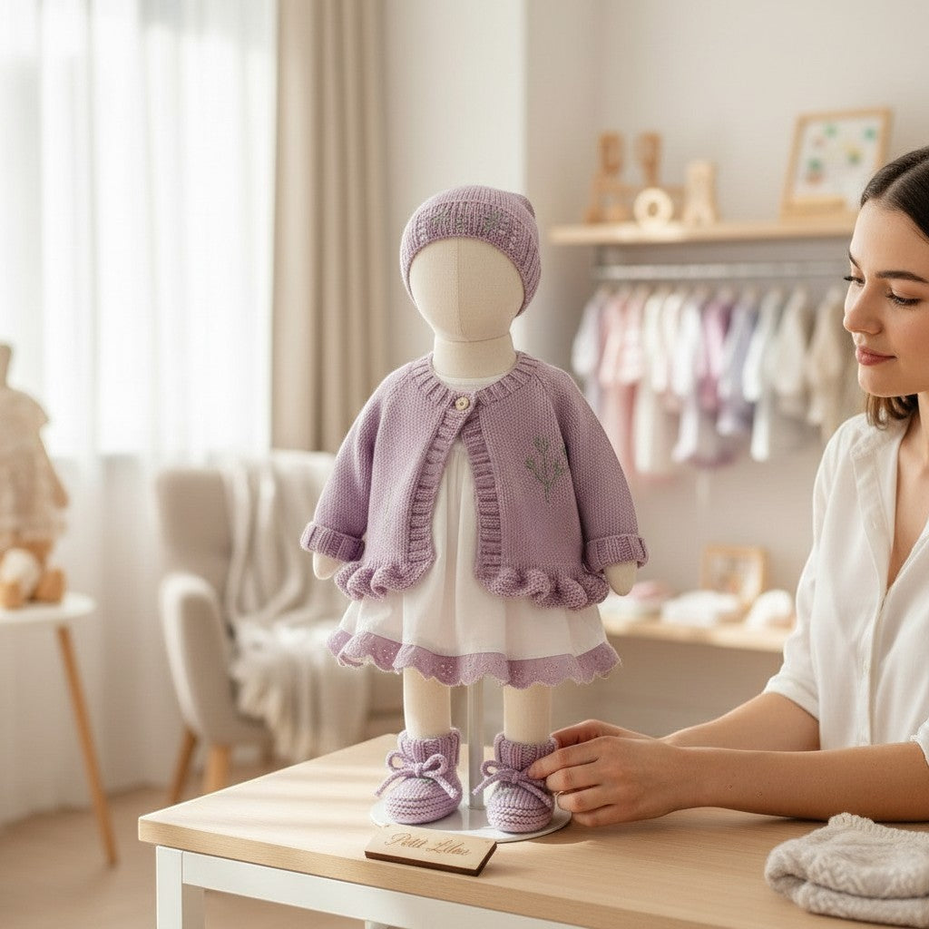 gemknits4kids hand-knitted lavender baby cardigan, hat, and booties set with embroidered sprigs on a mannequin