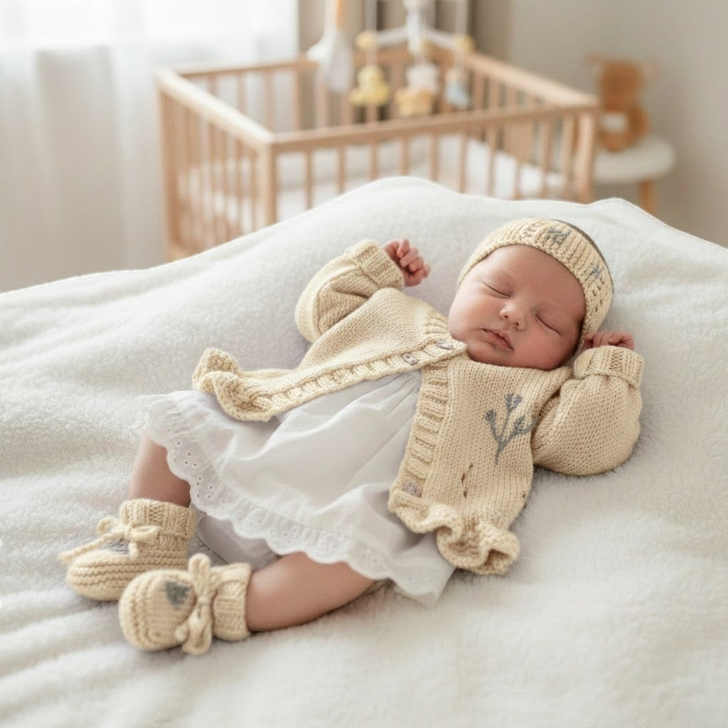 gemknits4kids hand-knitted buttermilk lavender trimmed cardigan with matching headband and booties featuring delicate floral embroidery